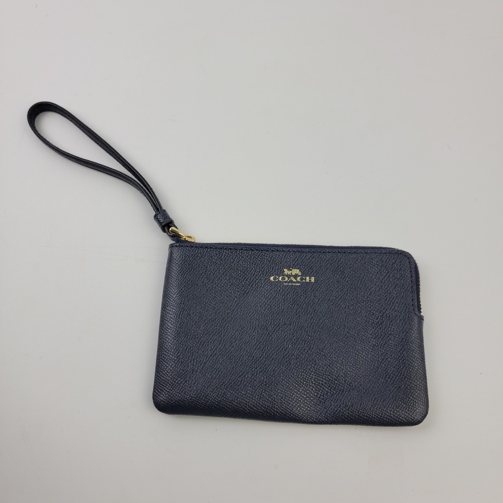 Coach Navy Blue Crossgrain Leather Corner Zip Wristlet Gold Logo